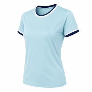 Camiseta de Manga Corta para Mujer, Cuello Redondo, Color Azul Claro, Corte Regular, Secado Rápido, Color Sólido, Ropa Deportiva Informal, 100% Algodón, Verano - Product Image 3