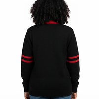 Kardigan Rajut Bordir Merah Hitam Khusus Musim Gugur Lengan Panjang, Sweater Sorority Kerah V Kancing Depan, Pakaian Varsity Yunani