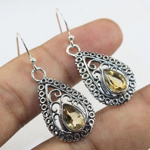 925 Sterling <b>Silver</b> Natural Citrine Birthstone Teardrop <b>Dangle</b> <b>Earrings</b> Vintage Filigree Handmade Gemstone Drop <b>Earrings</b> - Product Image 2