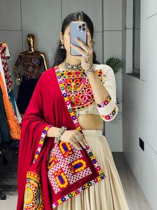 Women's Cream & <b>Red</b> Embroidered <b>Lehenga</b> Choli Set With Dupatta Traditional Indian Pakistani <b>Wedding</b> Wear FloorLength Cotton Dres - Product Image 2