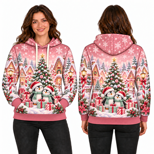 Women's Christmas Santa Print Hooded Fleece Windproof Sweatshirt Full Sleeve Knitted Winter Pullover with Pockets - Product Image 2