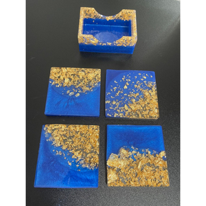 Handmade Blue And Gold Leaf <b>Epoxy</b> <b>Resin</b> Coaster Set With Holder Heat-Resistant Square Drink Coasters For Modern Home Hotel Decor - Product Image 1