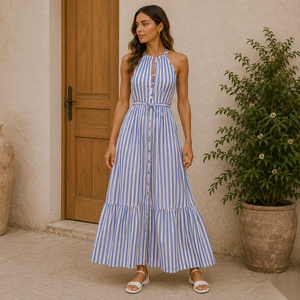 Halter Neck Striped Maxi Dress With Tiered Hem And <b>Tie</b> <b>Back</b> Boho Style Summer Casual Dress - Product Image 1