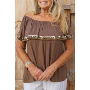 Chemisier marron à épaules dénudées pour femmes, style bohème, à volants, manches courtes, coupe ample, décontracté, pour l'été - Product Image 2