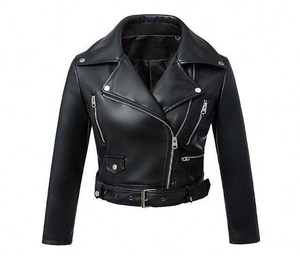 Women's Black PU Leather Woven Outdoor Moto Jacket Full Sleeve <b>Zipper</b> Closure Turn-down Collar Autumn Style - Product Image 1