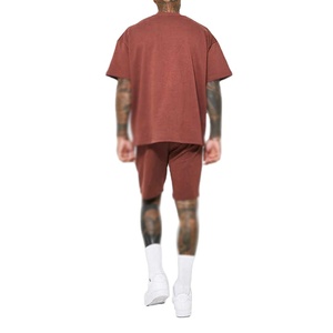 Chándal informal de verano para hombre, 100% algodón, logotipo personalizado, camiseta de gran tamaño con cuello redondo, conjunto de pantalones cortos con cordón, transpirable - Product Image 3