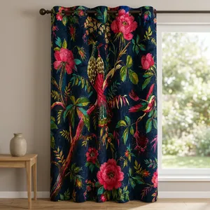Rideau Boho de luxe imprimé oiseau bleu en velours de coton vintage peut être personnalisé pour les rideaux occultants en gros - Product Image 5