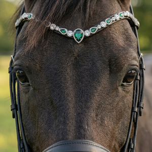 Diadema de Doma de Cuero Verde Esmeralda de Lujo con Cristales y Lágrimas de Diamantes de Imitación, Venta al por Mayor, Fabricante de Artículos de Equitación OEM - Product Image 2