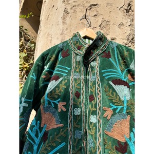 Green Velvet Jacket Uzbek Suzani Embroidery Jacket <b>Coat</b> Handmade Winter Unisex Jacket With Two Side Pockets - Product Image 3