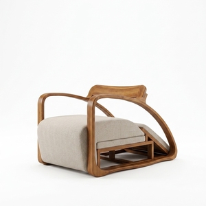 Sillón de Madera de Teca Sólida, Diseño Curvo Orgánico Moderno, Sillón para Sala de Estar Tapizado en Crema, Muebles para Descanso - Product Image 1