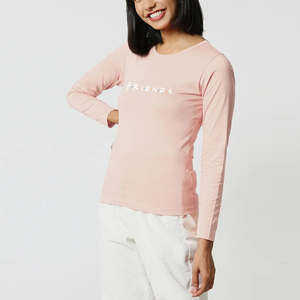 Women <b>Long</b> <b>Sleeve</b> Crew Neck T-Shirt <b>Pink</b> Friends Logo Print Casual Jersey Cotton <b>Top</b> Regular Fit All Seasons - Product Image 3