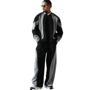 Ensemble survêtement homme 2 pièces noir et gris à blocs de couleur, sweat-shirt col rond et pantalon de survêtement large - Product Image 6