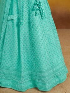 Mint <b>Green</b> Embroidered Lehenga Set Sleeveless Blouse <b>Net</b> Dupatta Banarasi Style Formal Wear - Product Image 5