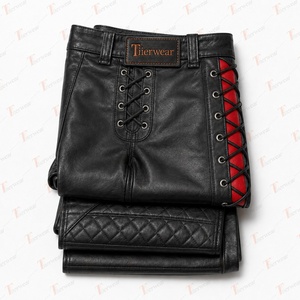 Pantalon Moto Homme en Cuir Noir Respirant Multi-Poches avec Bande Latérale Rouge à Lacets, Taille Mi-Haute, Style Workwear pour l'Automne - Product Image 5