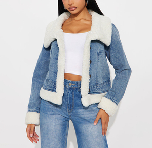 Veste en jean pour femme avec doublure en fausse fourrure blanche, coupe classique délavée, manteau d'hiver décontracté, vestes en jean pour femmes fabriquées au Pakistan - Product Image 4