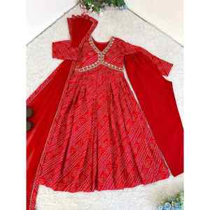 FANCY CHINON DIGITAL BANDHEJ IMPRESO ALIA CUT VESTIDO INFERIOR CON DUPATTA ROJO - Product Image 1