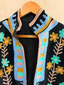 Women Black Embroidered <b>Velvet</b> Suzani <b>Jacket</b> With Floral pattern Full Sleeve Stand Collar Bohemian Style Handmade Winter Coat - Product Image 3