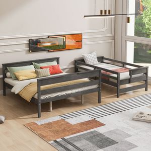 Cama litera doble XL gris sobre cama queen con escalera, muebles de madera para niños - Product Image 2