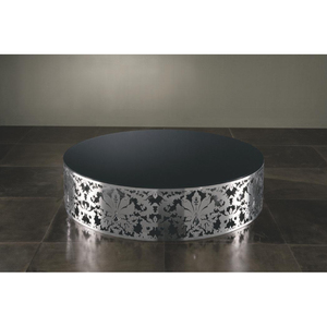 Luxury Modern Round <b>Silver</b> <b>Coffee</b> <b>Table</b> With Laser Cut Filigree Design And Tempered Black Glass Top – Elegant Center <b>Table</b> - Product Image 5