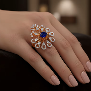 Bague de cocktail florale en saphir bleu royal, bijoux de mode en or pour mariage et fiançailles - Product Image 6