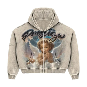 SHY SPORTS |   Sweat à capuche zippé personnalisé en strass épais, imprimé graphique oversize, style streetwear, fabricant OEM - Product Image 4