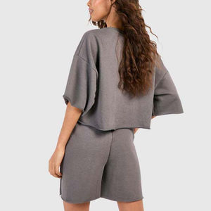 Ensembles décontractés pour femmes de couleur unie, respirants, personnalisés, mode été, col rond, manches courtes, ensemble short oversize pour femmes - Product Image 6