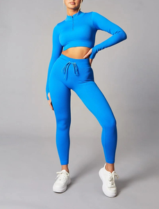 Servicio OEM de Ropa de Gimnasio: Conjunto Deportivo de Compresión para Mujer, Top Corto de Manga Larga con Media Cremallera y Leggings de Cintura Alta - Product Image 1
