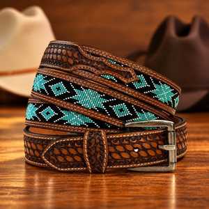<b>Western</b> Embroidered Leather <b>Belt</b> With Turquoise Beaded Geometric Pattern Silver Pin Buckle Casual Durable Ethnic Style - Product Image 3