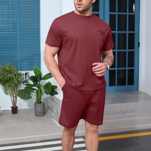 Ensemble de survêtement d'été pour homme à manches courtes, motif uni, deux pièces, short longueur genou, vêtements de sport, fitness, course à pied et gym - Product Image 5