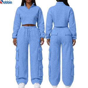 Conjunto Deportivo BOBBIN INDUSTRIES para Mujer, Sudadera Corta Gris con Cierre de Cremallera y Pantalones Cargo, Corte Holgado Informal, Color Sólido - Product Image 4