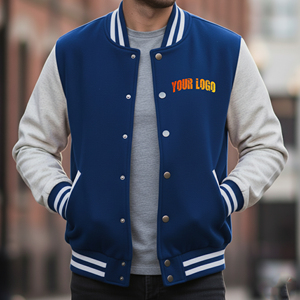 Men's Blue White Varsity Jacket Preppy Style Turn-<b>down</b> Collar Button Closure Regular Fit Autumn Wear - Product Image 5