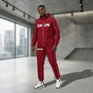 Ensemble de survêtement à capuche pour homme Ekin, veste coupe-vent sportive rouge et pantalon de jogging avec logo blanc imprimé, vêtements d'automne - Product Image 3