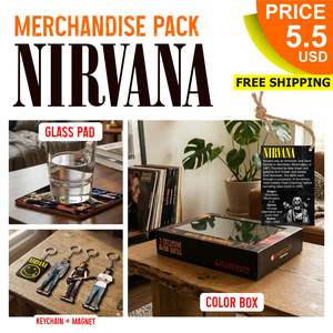 PAQUETE DE MERCHANDISE NIRVANA: LLAVERO, PLATO DE VIDRIO Y CAJA DE COLORES ARTESANALES - Product Image 1