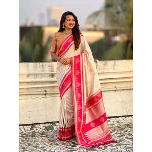 Sari de Seda Suave con Tejido Zari Tradicional en Contraste, 650g, Vestido de Noche Elegante, Disponible en Stock - Product Image 1