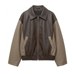 Olive Brown Finish <b>Women</b> <b>Leather</b> <b>Jacket</b> Windproof Contrast Panel Spread Neck Raglan <b>Long</b> Sleeves Heated <b>Womens</b> Coats - Product Image 1