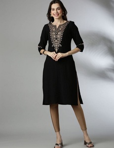 Black Viscose Rayon Kurti With Embroidered Neckline And Side Slit Midi Length Women Traditional Casual Wear India Pakistan Style - Product Image 1