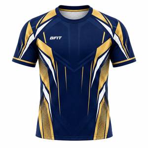 Ensemble uniforme de football homme bleu marine et or, maillot géométrique et short assorti, 100% polyester respirant et à séchage rapide, nom d'équipe personnalisé - Product Image 2