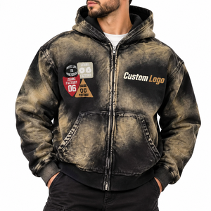 Sweat à capuche zippé vintage délavé avec logo personnalisé, coupe oversize, style streetwear, patchwork et badges, pour homme - Product Image 2