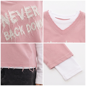 T-shirts à col en V double couche pour femmes, T-shirts en coton brodés effet vieilli à manches longues et double manches, coupe oversize - Product Image 6