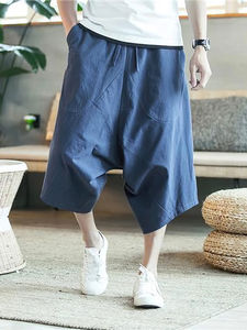 Summer Breathable Solid Beach Polyester/Nylon Canvas High Street Style Casual Elastic Waist <b>Men's</b> Wide Leg <b>Baggy</b> Capris Sport - Product Image 5
