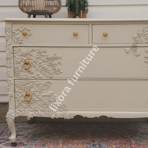 Luxury Handcrafted Solid Wood 4 Drawer Dresser Ornate Bird Floral Vine Relief Carving Beige Finish - Product Image 2