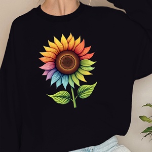 เสื้อสเวตเตอร์พิมพ์ลายดอกทานตะวันสีรุ้งและใบไม้สีเขียวผ้าถักแบบสบายๆ - Product Image 4