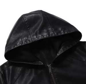 <b>Men's</b> <b>Leather</b> Waterproof Stand Collar Moto <b>Jacket</b> Zipper Closure Slim Fit Windproof Autumn Style Solid Color Regular Length - Product Image 3