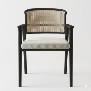 Fauteuil de salle à manger moderne en bois massif avec dossier en rotin et assise rembourrée pour restaurant, hôtel, villa - Product Image 1