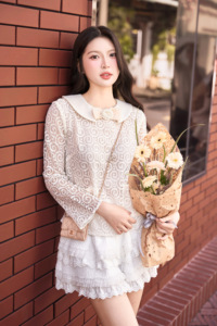 Women's Lace Peter Pan Collar Blouse Long Sleeve Sweet Vintage Style Sheer <b>Layer</b> Embroidered <b>Top</b> Spring Summer ELLIOT - Product Image 4