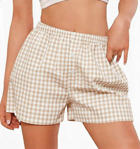 Compra al por mayor: Shorts de verano transpirables para mujer, de forro polar, lisos, casuales, con estampado de guinga, cintura media con cordón, ecológicos, de secado rápido y transpirables. - Product Image 1