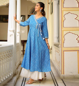 Rayon Leheriya Printed Angrakha Anarkali <b>Kurta</b> and Sleeveless Short Kurti Notch Neck Knee Length Ethnic <b>Women</b> Summer 100% Cotton - Product Image 2