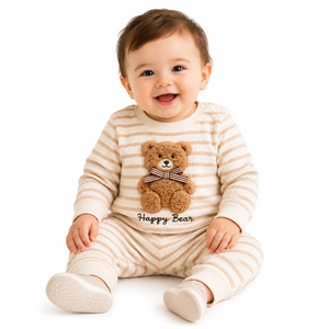 Ensemble de pyjama côtelé à imprimé ours pour bébés garçons et filles, manches longues, rayé, vêtements de nuit pour bébés, vente en gros - Product Image 1