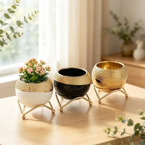 Modern Gold Plated Iron Rust Resistant Powder Coated Flower <b>Pots</b> with Stand Circular Design for Garden <b>Plants</b> Desktop <b>Decor</b> - Product Image 5