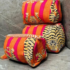 Bohemian Tiger Print Quilted Cosmetic Bag Medium Size Zipper Closure Textile Material Multi Function Toiletry Bag - Product Image 2
